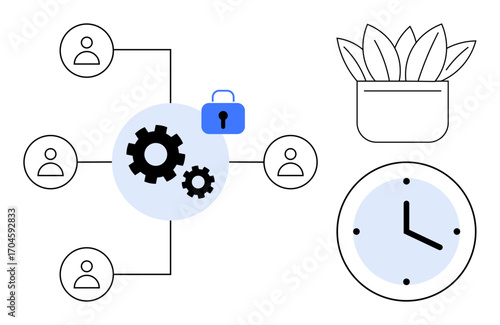 Gear wheels connected to users symbolize teamwork, secured by a lock. Clock illustrates time management, and plant suggests workspace aesthetics. Ideal for collaboration, productivity, security