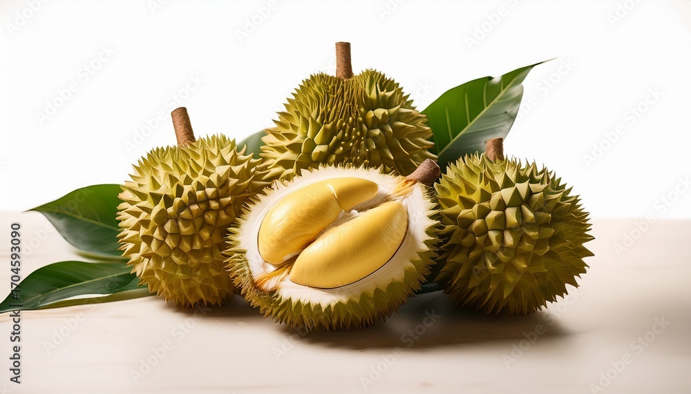 Obraz premium A Cluster Of Ripe Durians With One Open Revealing Its Creamy Yellow Flesh And Green Leaves