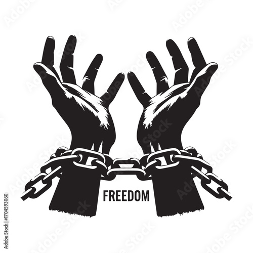 Silhouette of two open hands bound by chains with the word FREDOM below freedom liberty