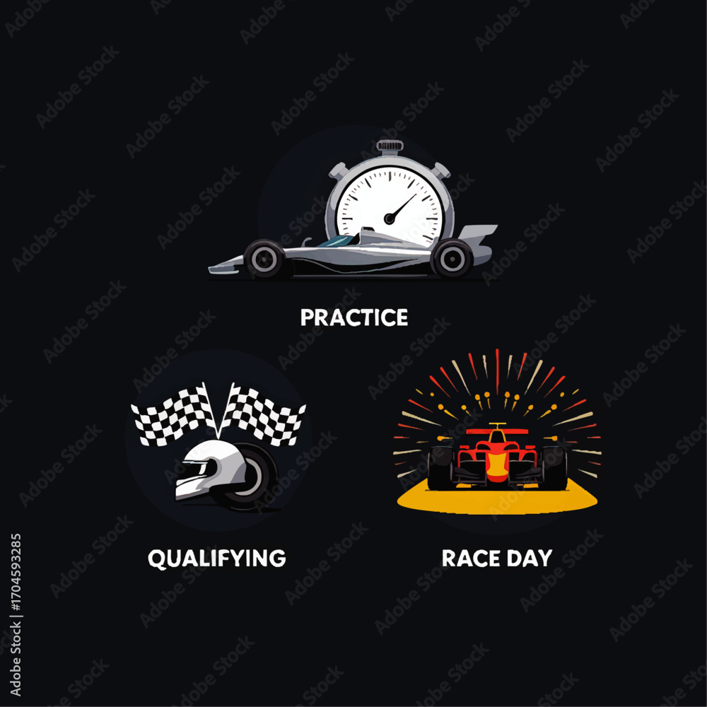 Obraz premium Formula 1 Racing Icons Set – Practice, Qualifying, Race Day, Stopwatch, Helmet, Checkered Flags, Fireworks, Modern Vector Illustration