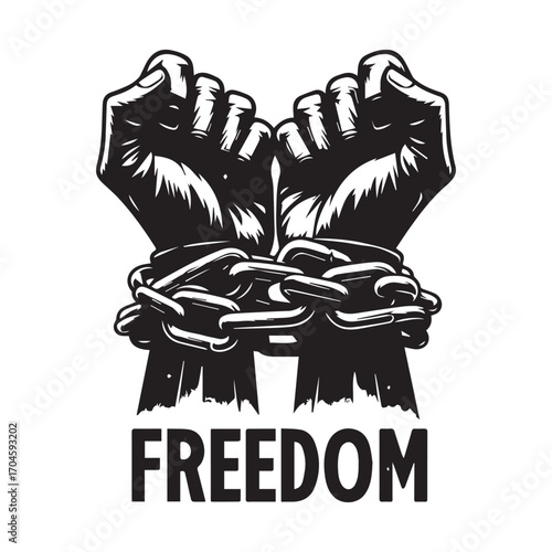 Two hands bound by chains breaking free with the word FREDOM below freedom breaking chains