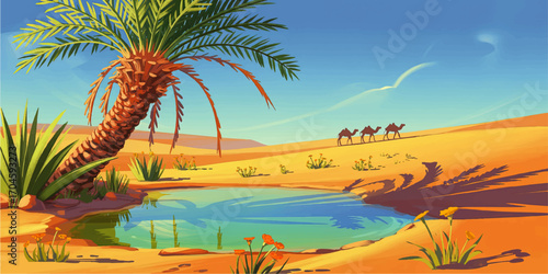 Vibrant Desert Oasis with Palm Tree, Water, and Camels Under Blue Sky – Tranquil Nature Landscape Illustration