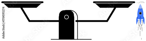 Rocket launching on one side of a scale outweighing a heavier platform. Ideal for innovation, progress, technology, science, breakthrough, creativity, entrepreneurship. A simple flat metaphor