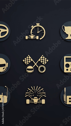 Modern Flat Design Racing Icons Set – Formula Car, Checkered Flags, Stopwatch, Trophy, Helmet, Fireworks, Blue Background