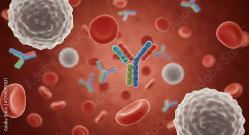 Microscopic Marvel: A vibrant and detailed illustration reveals the intricate world of human immunity, showcasing antibodies interacting with red blood cells and other vital components.