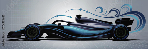 Futuristic Formula 1 Race Car Illustration with Aerodynamics Visualized – Modern Vector Design for Motorsport and Engineering Concepts
