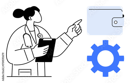Doctor with stethoscope and clipboard gesturing at wallet and gear, signifying healthcare management, budgeting, and system efficiency. Ideal for medicine, finance, technology, innovation, teamwork