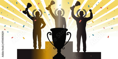 Silhouette Champions on Winners Podium with Trophy Cup, Laurel Wreath, Confetti and Sunburst for Victory and Success Concepts