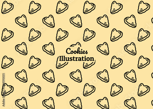 A cookies illustration pattern with cream background, food packaging, menu illustration hand drawn print ads, food business, snack