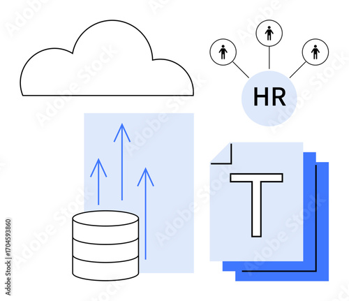 Cloud, database, document stack, HR network, arrows indicating workflow. Ideal for HR systems, data management, cloud solutions, team collaboration documentation data transfer simple landing page