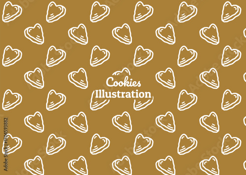 A cookies illustration pattern with brown background, food packaging, menu illustration hand drawn print ads, food business, snack