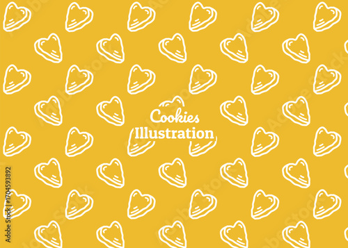 A cookies illustration pattern with gold background, food packaging, menu illustration hand drawn print ads, food business, snack