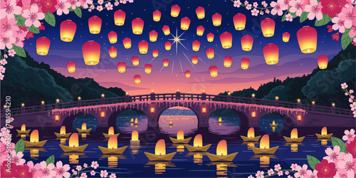 Lantern Festival Night With Floating Candles, Pink Cherry Blossoms, Bridge Over Water, and Sky Lanterns At Sunset Illustration