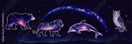 Starry Animal Constellation Illustrations in Night Sky – Bear, Lion, Dolphin, Owl with Galactic Background and Silhouette Landscape
