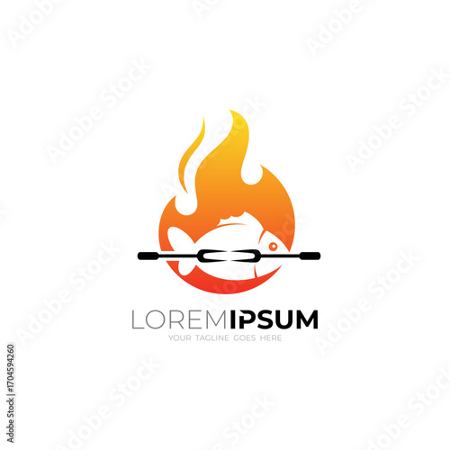 Barbecue logo, fish and Fire logo template, delicious food logo of grilled fish