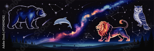 Majestic Animal Constellations in Night Sky, Milky Way Galaxy, Cosmic Bear, Lion, Dolphin, Owl, Starry Landscape Illustration