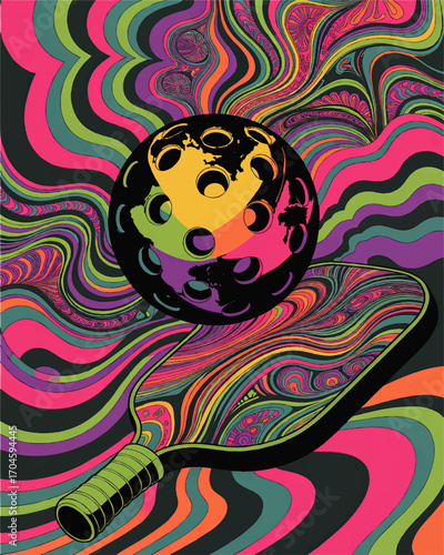 Psychedelic Pickleball Art – Vibrant Retro Abstract Pickleball Paddle and Ball with Neon Swirls and Colorful Background