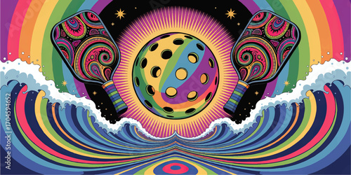 Vibrant Psychedelic Pickleball Art with Colorful Paddles, Rainbow Waves, and Surreal Retro 1960s Style Illustration