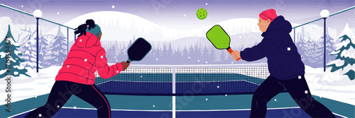Winter Pickleball Match Outdoors – Two Players in Colorful Winter Jackets Playing Pickleball in Snowy Mountain Landscape, Active Sport Illustration