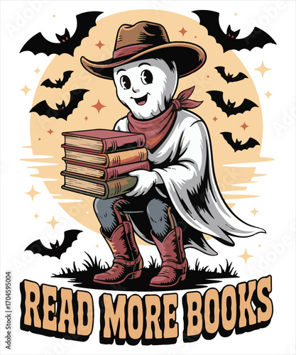 Cute Cowboy Ghost Reading Books with Halloween Bats – Vintage Vector Illustration