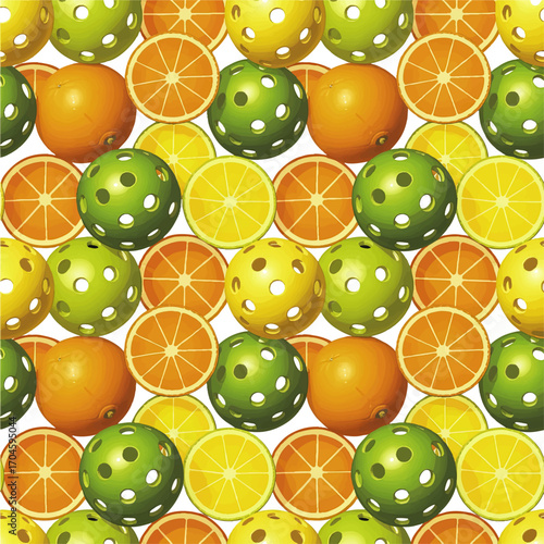 Seamless Pattern with Pickleball Balls and Citrus Slices – Vibrant Yellow, Orange, and Green Sport and Fruit Background