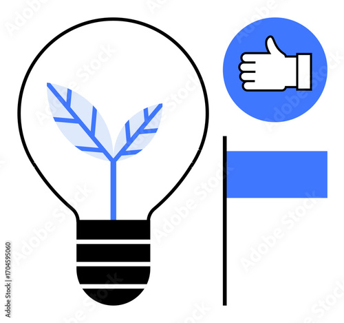 Light bulb with a plant inside symbolizing innovation and green energy alongside a thumbs-up icon and blue flag. Ideal for sustainability, eco-awareness, innovation, progress, success, motivation