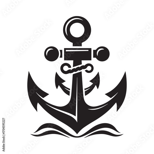 Black anchor symbol with rope detail and stylized waves on a white background nautical maritime