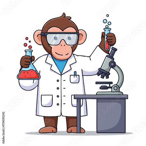 A whimsical flat 2D vector illustration depicts an intelligent monkey wearing a lab coat and safety goggles, holding a bubbling test tube next to a microscope on a lab bench.