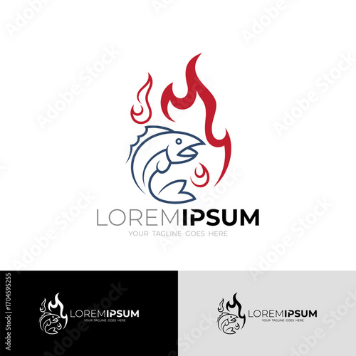 Abstract fish logo and fire design combination, barbecue icons