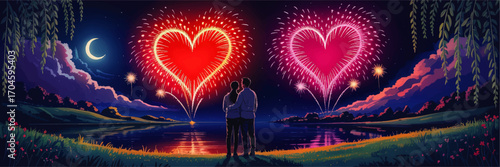 Romantic Couple Watching Heart-Shaped Fireworks by Lake Under Moonlit Night Sky, Colorful Illustration Perfect for Valentine’s Day