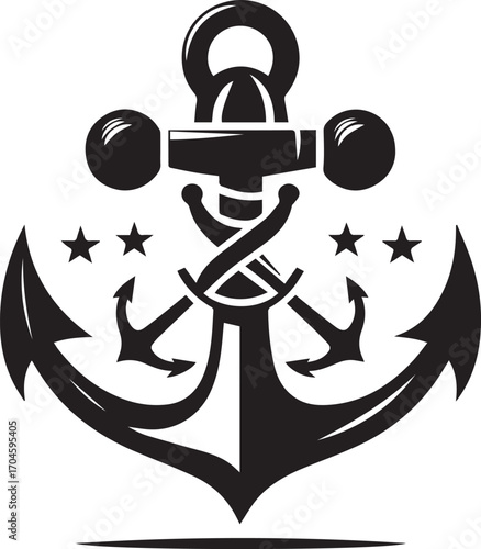 Black and white graphic illustration of a nautical anchor with stars and a rope detail on a white background