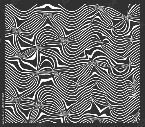 A mesmerizing black and white graphic with a dense, wavy pattern of intersecting lines.