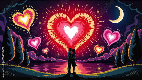 Romantic Couple Silhouette Embracing by Lake at Night with Heart-Shaped Fireworks and Crescent Moon – Vibrant Love Illustration