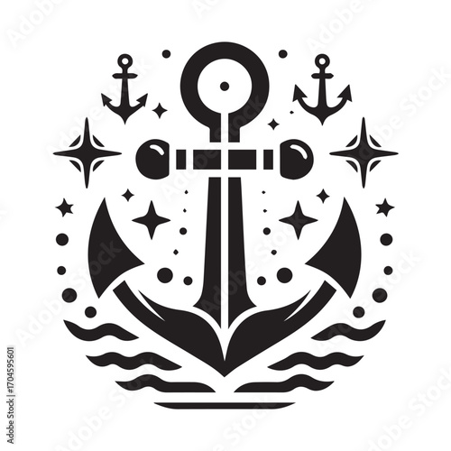Black silhouette nautical anchor with waves stars and dots on a white background maritime ocean
