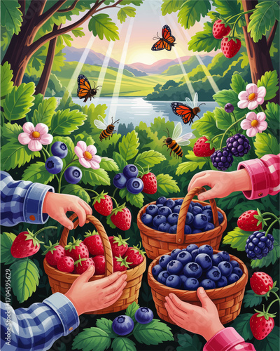 Colorful Summer Berry Harvest with Baskets in Sunny Nature, Hands Picking Strawberries, Blueberries, Blackberries, Bees and Butterflies