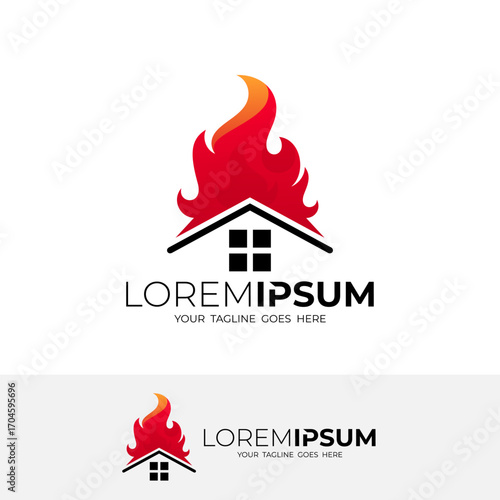fire burning building logo, house and fire design combination