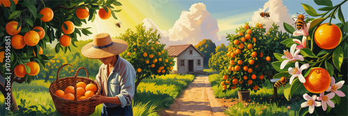 Farmer Harvesting Oranges in Vibrant Orchard at Sunrise, Bees Pollinating Blossoms, Rustic Countryside House, Summer Concept Art