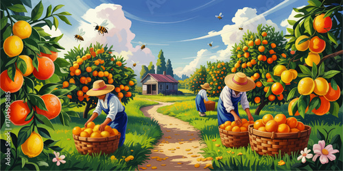 Vibrant Orange Orchard Harvest in Summer, Farmers Picking Citrus Fruits in Baskets, Countryside Landscape Illustration