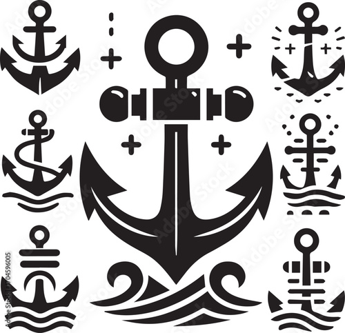 Collection of Nautical Anchor Icons and Symbols with Waves and Crosses on White Background Keywords: anchor, nautical, maritime, sea, ocean, marine, sailing, ship, boat, icon, symbol, emblem