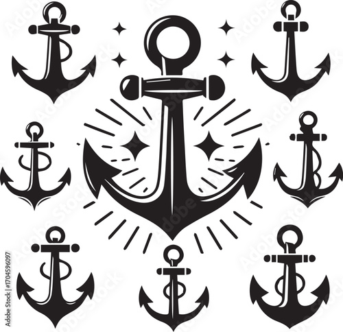 Collection of Stylized Anchor Icons with Starbursts and Sparkles nautical maritime