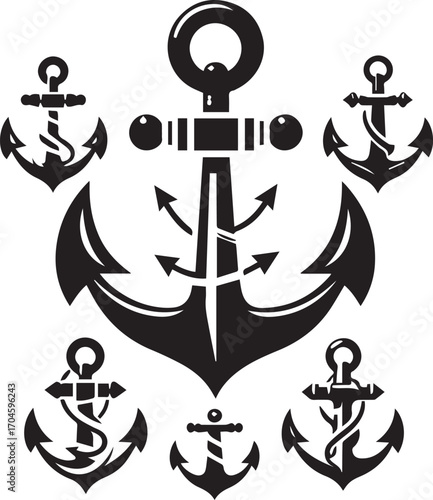 Ensemble of Nautical Anchors in Various Styles with Arrows on White Background Keywords: anchor, nautical, maritime, sea, ocean, marine, sailing, ship, boat, emblem, symbol, icon, graphic, design