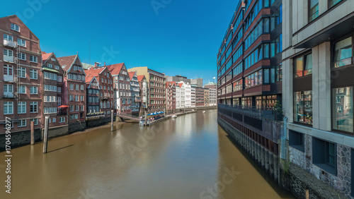 Obraz na plátně Panorama showing Kleines Dock along the northern Elbe Canal aerial timelapse in Hamburg, Germany