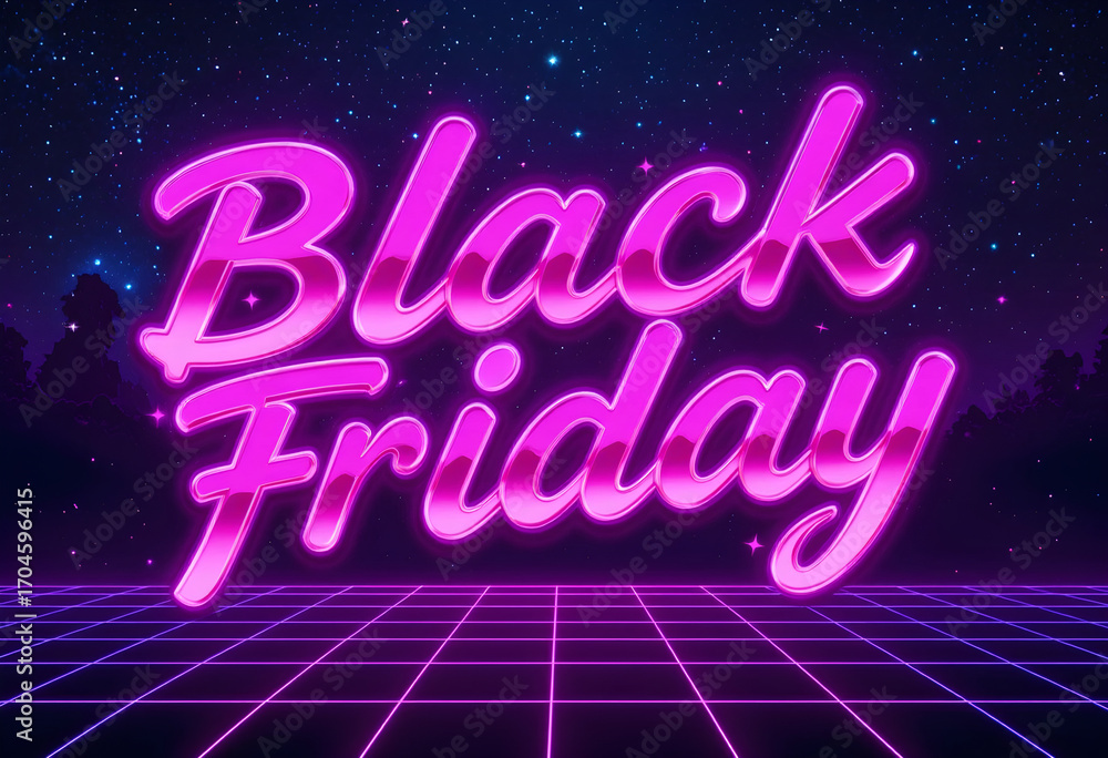 Obraz premium Black Friday in Neon Pink Cursive with Starry Grid Background Retro-Futuristic Promotional Graphic for Holiday Shopping Events Stylish Synthwave-Inspired Design with Glowing Typography 