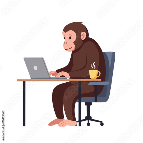 A vibrant 2D flat vector illustration features a smart monkey actively typing on a laptop at a modern office desk, enjoying a cup of coffee on a clean white background.