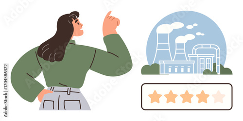 Woman pointing at industrial buildings emitting smoke with a five-star rating bar. Ideal for sustainability, environmental awareness, industry evaluation, pollution control, social responsibility