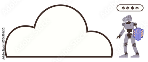 Cloud outline with robot holding a shield and four-character password icon. Ideal for cybersecurity, cloud storage, technology, data protection, encryption, digital safety, simple flat metaphor