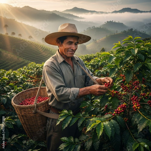 Hyper-realistic photograph of a Colombian coffee farmer harvesting ripe red coffee cherries in a lush green plantation at sunrise. He wears a straw hat and carries a wicker basket strapped to his wais