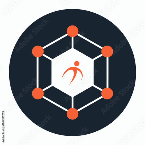 This minimalist design showcases a hexagonal network with an abstract human icon at its center, representing connectivity, collaboration, and modern technological relationships.