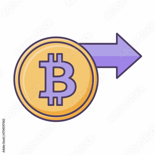 This illustration of a Bitcoin coin with an arrow signifies the concept of cryptocurrency transactions, emphasizing its role in the digital economy and modern finance strategies.