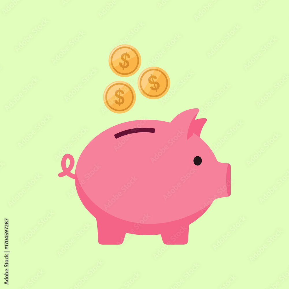Obraz premium Flat Design Piggy Bank with Falling Golden Dollar Coins Representing Savings and Financial Investment